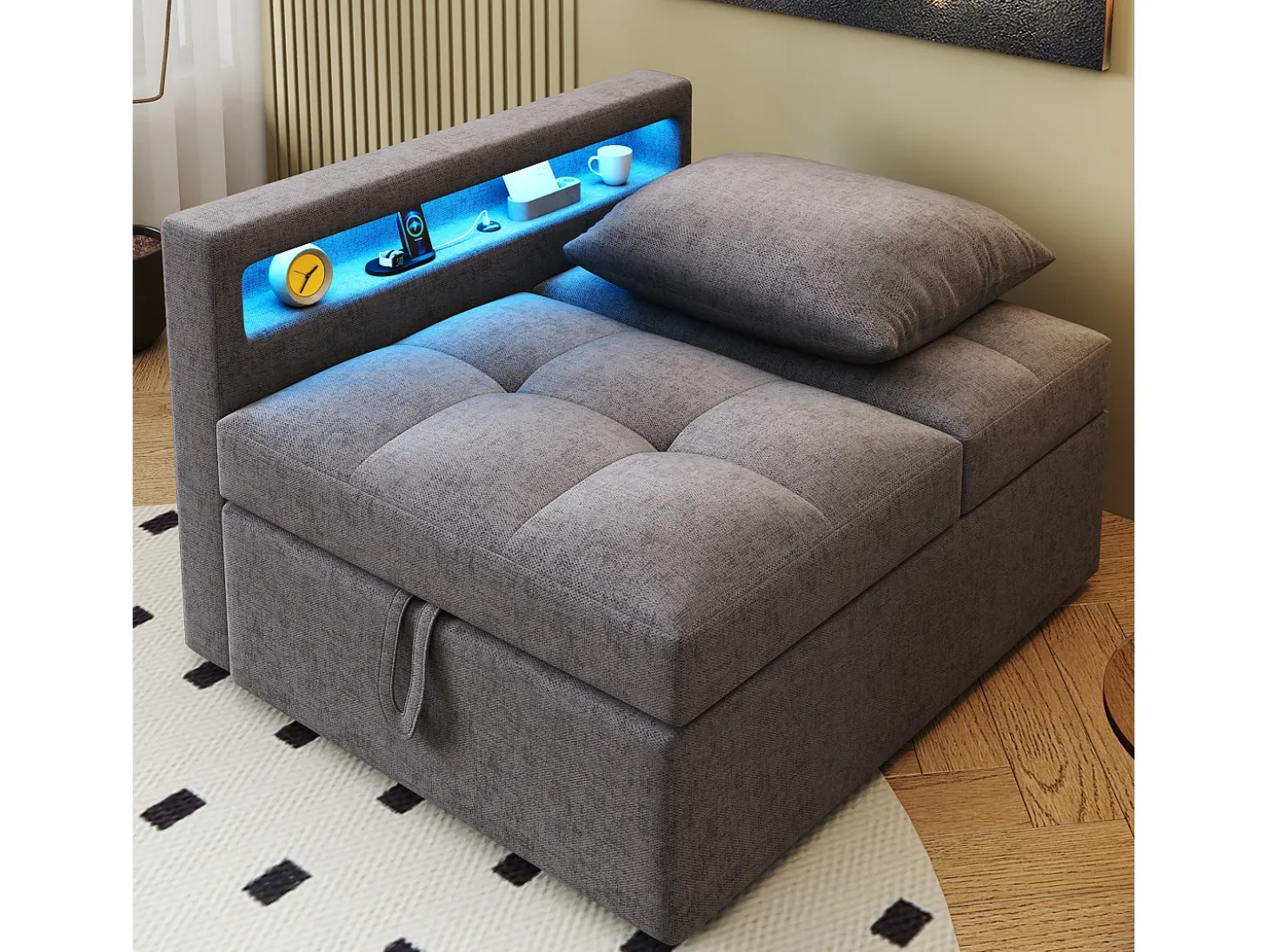 Sofá-cama multifuncional - encosto ajustável - braços com faixas luminosas LED - Porta USB/Type-C - Cinza Escuro