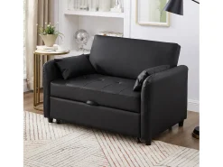 Sofá-cama multifuncional, assento duplo retrátil, encosto ajustável em 3 posições, PU impermeável, preto