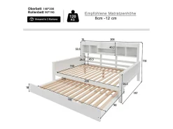 Sofá-cama ninho 140x200 cm - Cama ninho 90x190 cm - com armazenamento - ripas de madeira - pinho maciço - branco (colchão não incluído)