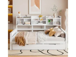 Sofá-cama ninho 140x200 cm - Cama ninho 90x190 cm - com armazenamento - ripas de madeira - pinho maciço - branco (colchão não incluído)