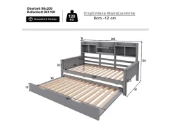 Sofá-cama ninho 90x200 cm - Cama ninho 90x190 cm - com armazenamento - ripas de madeira - pinho maciço - cinza (colchão não incluído)