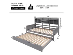 Sofá-cama ninho 90x200 cm - Cama ninho 90x190 cm - com armazenamento - ripas de madeira - pinho maciço - cinza (colchão não incluído)