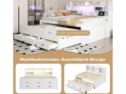 Sofá-cama retrátil - 140 x 200 cm + 90 x 190 cm - com LEDs + 3 gavetas + mesa de cabeceira + USB + Tipo-C - aglomerado + MDF - branco