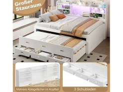 Sofá-cama retrátil - 140 x 200 cm + 90 x 190 cm - com LEDs + 3 gavetas + mesa de cabeceira + USB + Tipo-C - aglomerado + MDF - branco