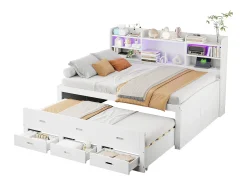 Sofá-cama retrátil - 140 x 200 cm + 90 x 190 cm - com LEDs + 3 gavetas + mesa de cabeceira + USB + Tipo-C - aglomerado + MDF - branco