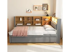 Sofá-cama 90x200 - com cama de rodízio 90x190 cm - com porta USB - armazenamento múltiplo - cama estofada - Cinza escuro (colchão não incluído)