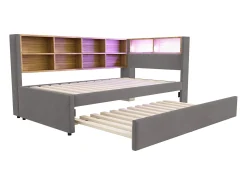 Sofá-cama 90x200 - com cama de rodízio 90x190 cm - com porta USB - armazenamento múltiplo - cama estofada - Cinza escuro (colchão não incluído)