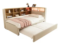 Sofá-cama 90x200 - com cama individual 90x190 cm - com porta USB - arrumação múltipla - cama estofada - bege (colchão não incluído)