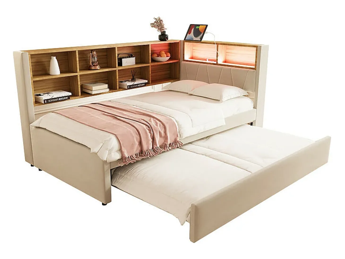 Sofá-cama 90x200 - com cama individual 90x190 cm - com porta USB - arrumação múltipla - cama estofada - bege (colchão não incluído)