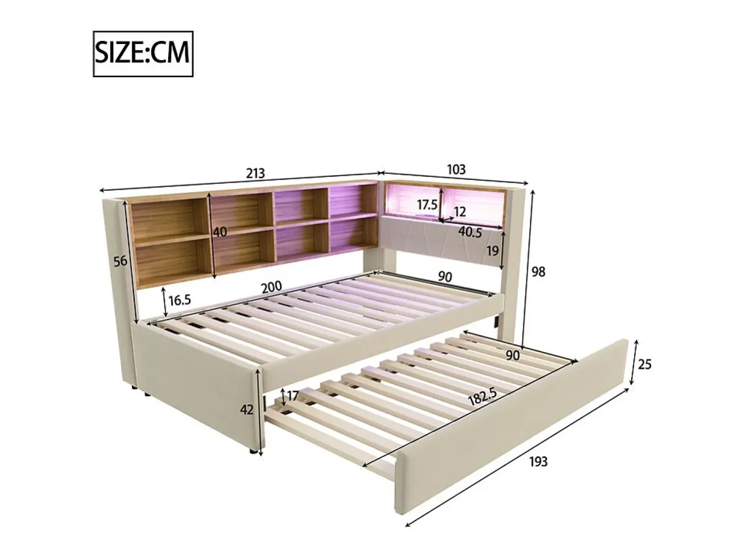 Sofá-cama 90x200 - com cama individual 90x190 cm - com porta USB - arrumação múltipla - cama estofada - bege (colchão não incluído)