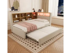 Sofá-cama 90x200 - com cama individual 90x190 cm - com porta USB - arrumação múltipla - cama estofada - bege (colchão não incluído)