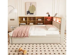 Sofá-cama 90x200 - com cama individual 90x190 cm - com porta USB - arrumação múltipla - cama estofada - bege (colchão não incluído)