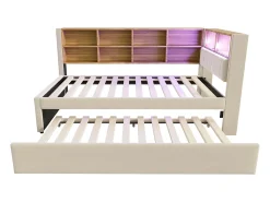 Sofá-cama 90x200 - com cama individual 90x190 cm - com porta USB - arrumação múltipla - cama estofada - bege (colchão não incluído)