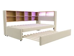 Sofá-cama 90x200 - com cama individual 90x190 cm - com porta USB - arrumação múltipla - cama estofada - bege (colchão não incluído)
