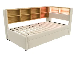Sofá-cama 90x200 - com cama individual 90x190 cm - com porta USB - arrumação múltipla - cama estofada - bege (colchão não incluído)