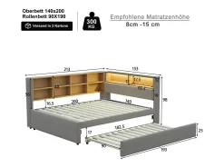 Sofá-cama 140x200 - com cama individual 90x190 cm - com porta USB - armazenamento múltiplo - cama estofada - Cinza escuro (colchão não incluído)