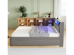 Sofá-cama 140x200 - com cama individual 90x190 cm - com porta USB - armazenamento múltiplo - cama estofada - Cinza escuro (colchão não incluído)