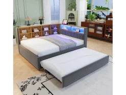 Sofá-cama 140x200 - com cama individual 90x190 cm - com porta USB - armazenamento múltiplo - cama estofada - Cinza escuro (colchão não incluído)