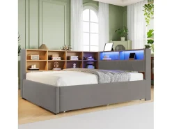 Sofá-cama 140x200 - com cama individual 90x190 cm - com porta USB - armazenamento múltiplo - cama estofada - Cinza escuro (colchão não incluído)