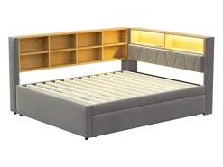 Sofá-cama 140x200 - com cama individual 90x190 cm - com porta USB - armazenamento múltiplo - cama estofada - Cinza escuro (colchão não incluído)
