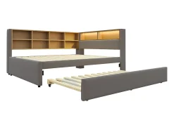 Sofá-cama 140x200 - com cama individual 90x190 cm - com porta USB - armazenamento múltiplo - cama estofada - Cinza escuro (colchão não incluído)