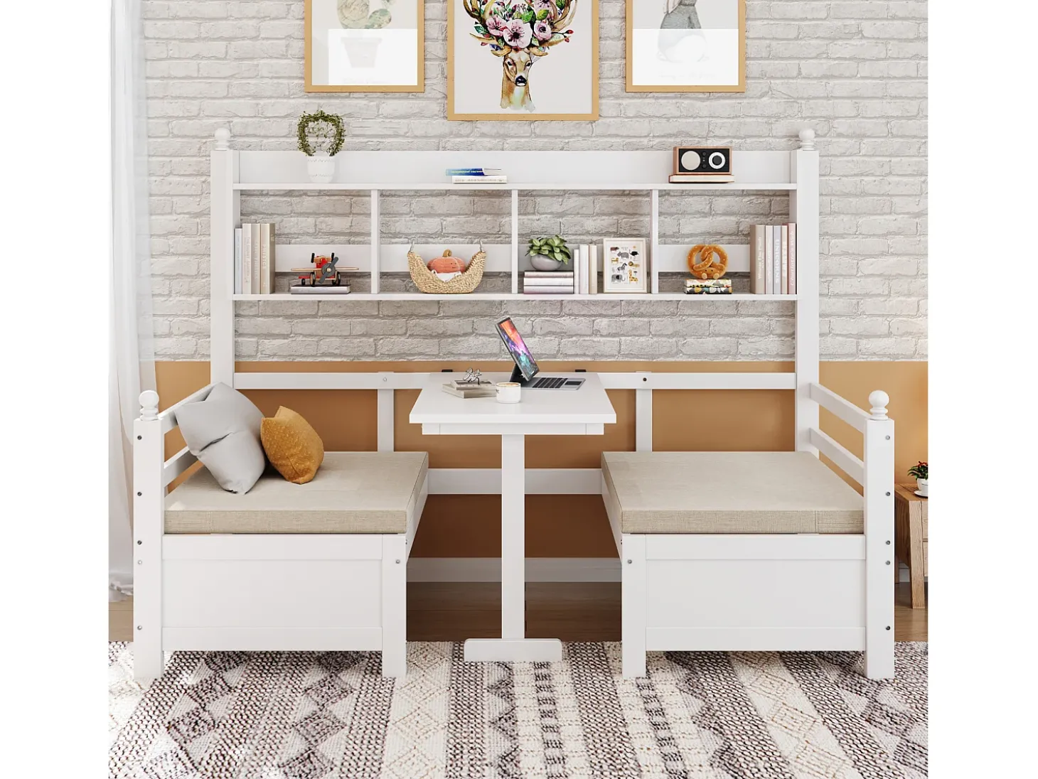 Sofá-cama 200x90 cm - 2 em 1 cama e escrivaninha - com estante - com almofadas confortáveis - madeira maciça - branco