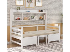 Sofá-cama 200x90 cm - 2 em 1 cama e escrivaninha - com estante - com almofadas confortáveis - madeira maciça - branco