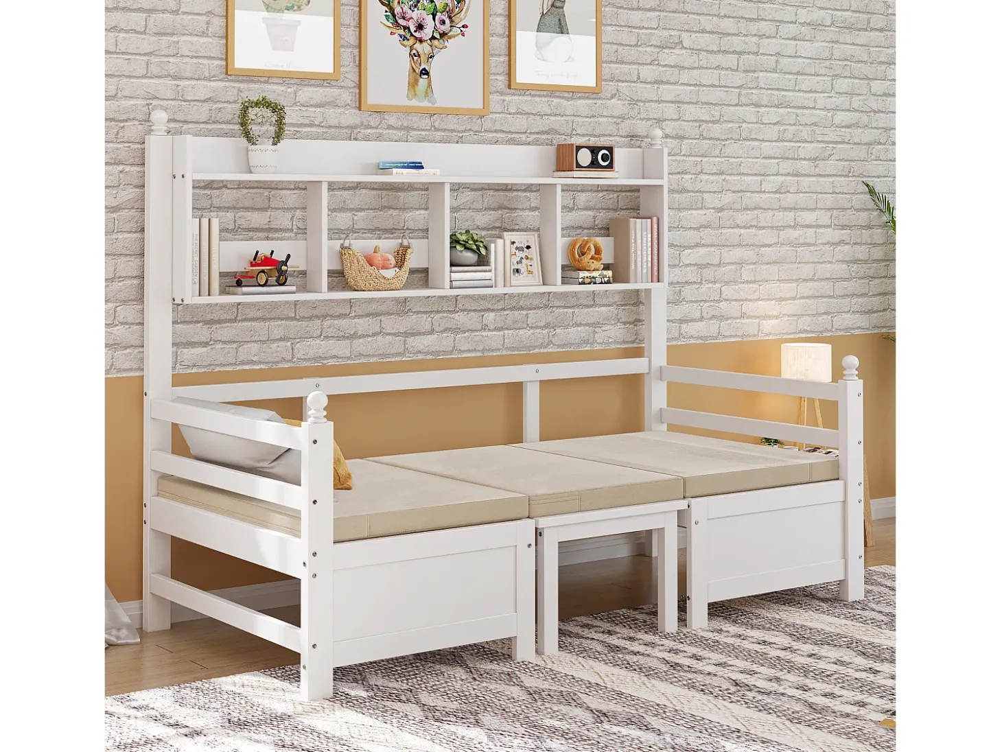 Sofá-cama 200x90 cm - 2 em 1 cama e escrivaninha - com estante - com almofadas confortáveis - madeira maciça - branco