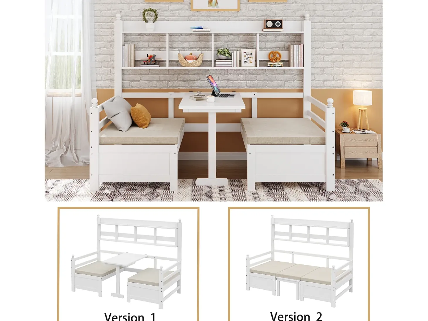 Sofá-cama 200x90 cm - 2 em 1 cama e escrivaninha - com estante - com almofadas confortáveis - madeira maciça - branco