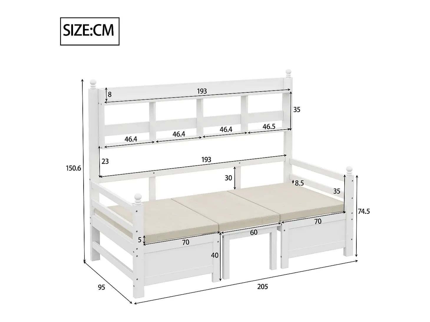 Sofá-cama 200x90 cm - 2 em 1 cama e escrivaninha - com estante - com almofadas confortáveis - madeira maciça - branco
