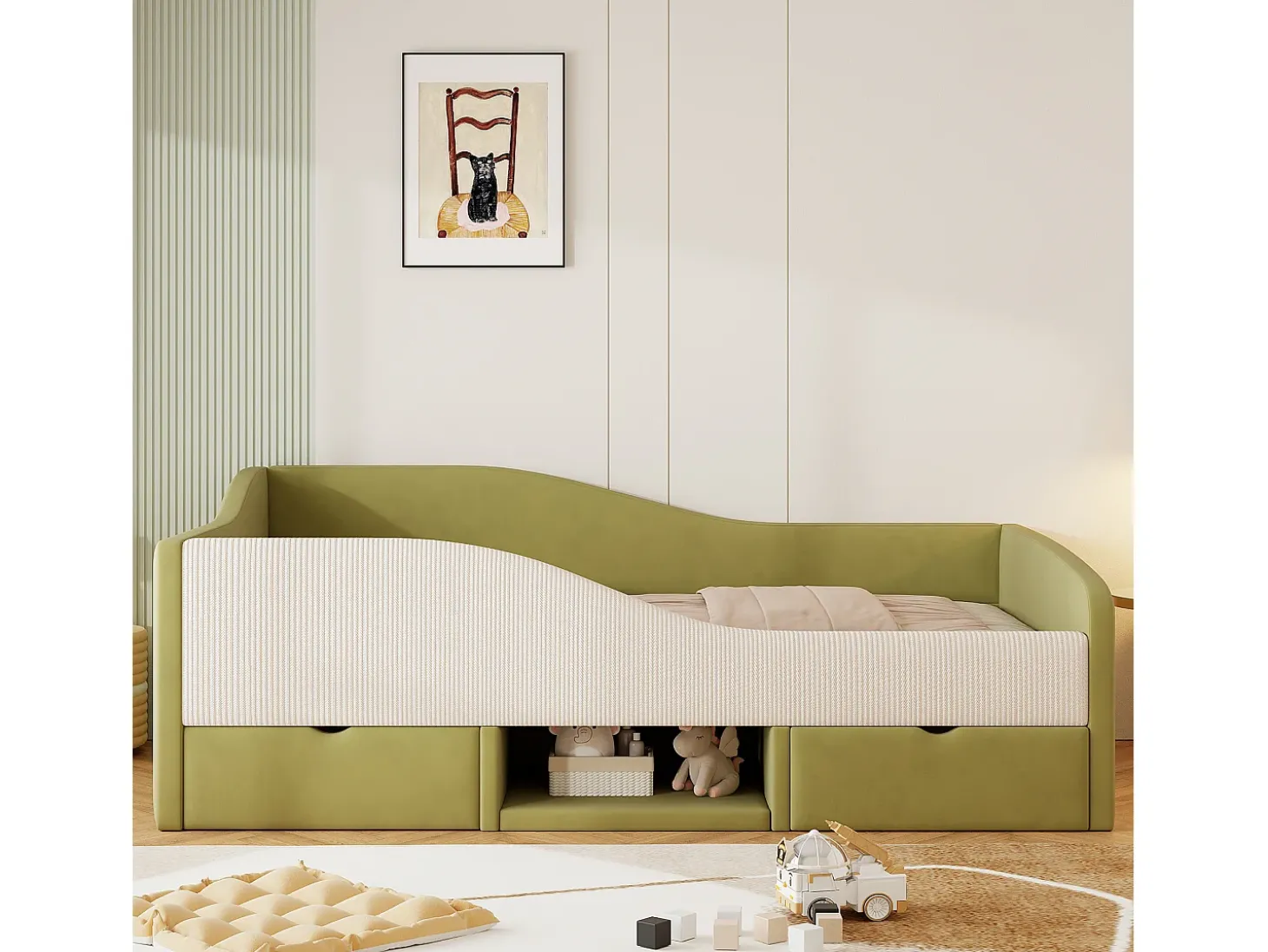 Sofá-cama 90x190 cm - Cama infantil com 2 gavetas e estrado de ripas de madeira - veludo verde escuro - colchão não incluído