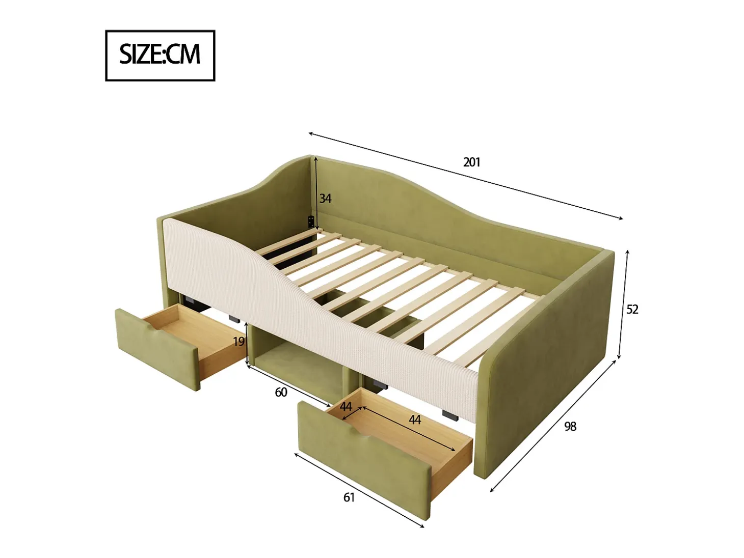 Sofá-cama 90x190 cm - Cama infantil com 2 gavetas e estrado de ripas de madeira - veludo verde escuro - colchão não incluído