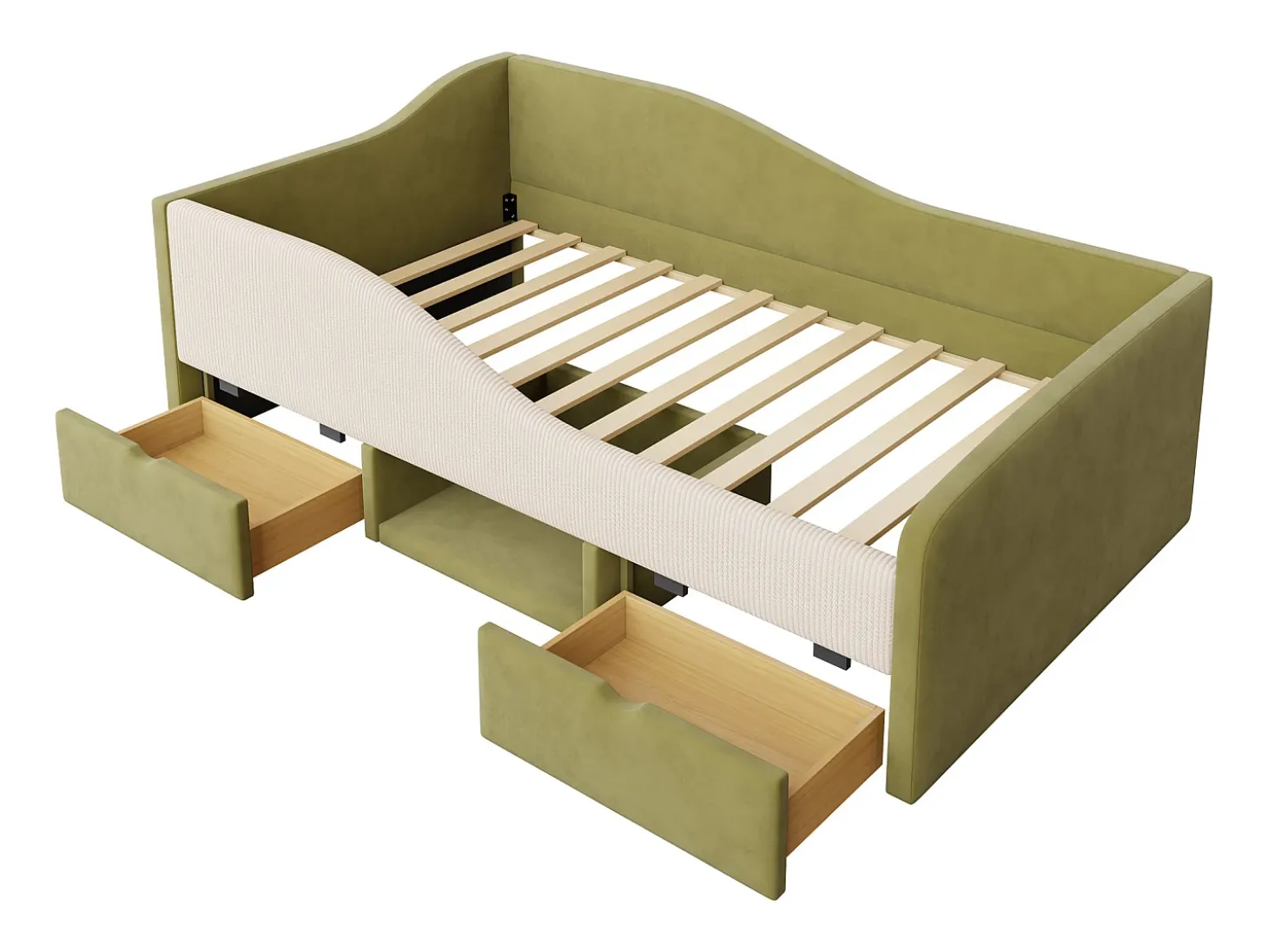 Sofá-cama 90x190 cm - Cama infantil com 2 gavetas e estrado de ripas de madeira - veludo verde escuro - colchão não incluído