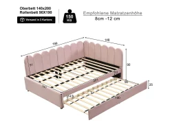 Sofá-cama 140x200 cm - com cama articulada - veludo - rosa (colchão não incluído)