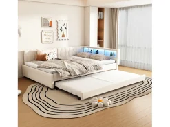 Sofá-cama 140x200 cm - com cama articulada - com portas USB + Type C - com iluminação LED - bege (colchão não incluído)