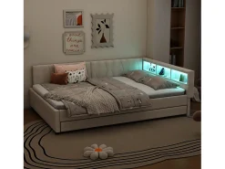 Sofá-cama 140x200 cm - com cama articulada - com portas USB + Type C - com iluminação LED - bege (colchão não incluído)