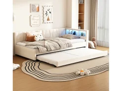 Sofá-cama 90x200 cm - com cama articulada - com portas USB + Type C - com iluminação LED - bege (colchão não incluído)