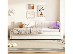 Sofá-cama 90x200 cm - com cama articulada - com portas USB + Type C - com iluminação LED - bege (colchão não incluído)