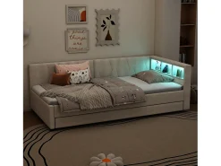 Sofá-cama 90x200 cm - com cama articulada - com portas USB + Type C - com iluminação LED - bege (colchão não incluído)