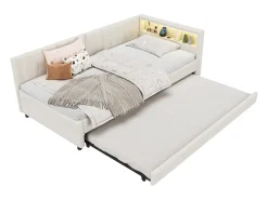 Sofá-cama 90x200 cm - com cama articulada - com portas USB + Type C - com iluminação LED - bege (colchão não incluído)