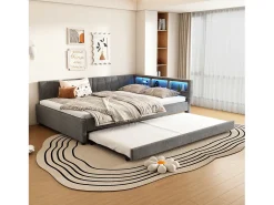 Sofá-cama 140x200 cm - com cama articulada - com portas USB + Type C - com iluminação LED - cinza (colchão não incluído)