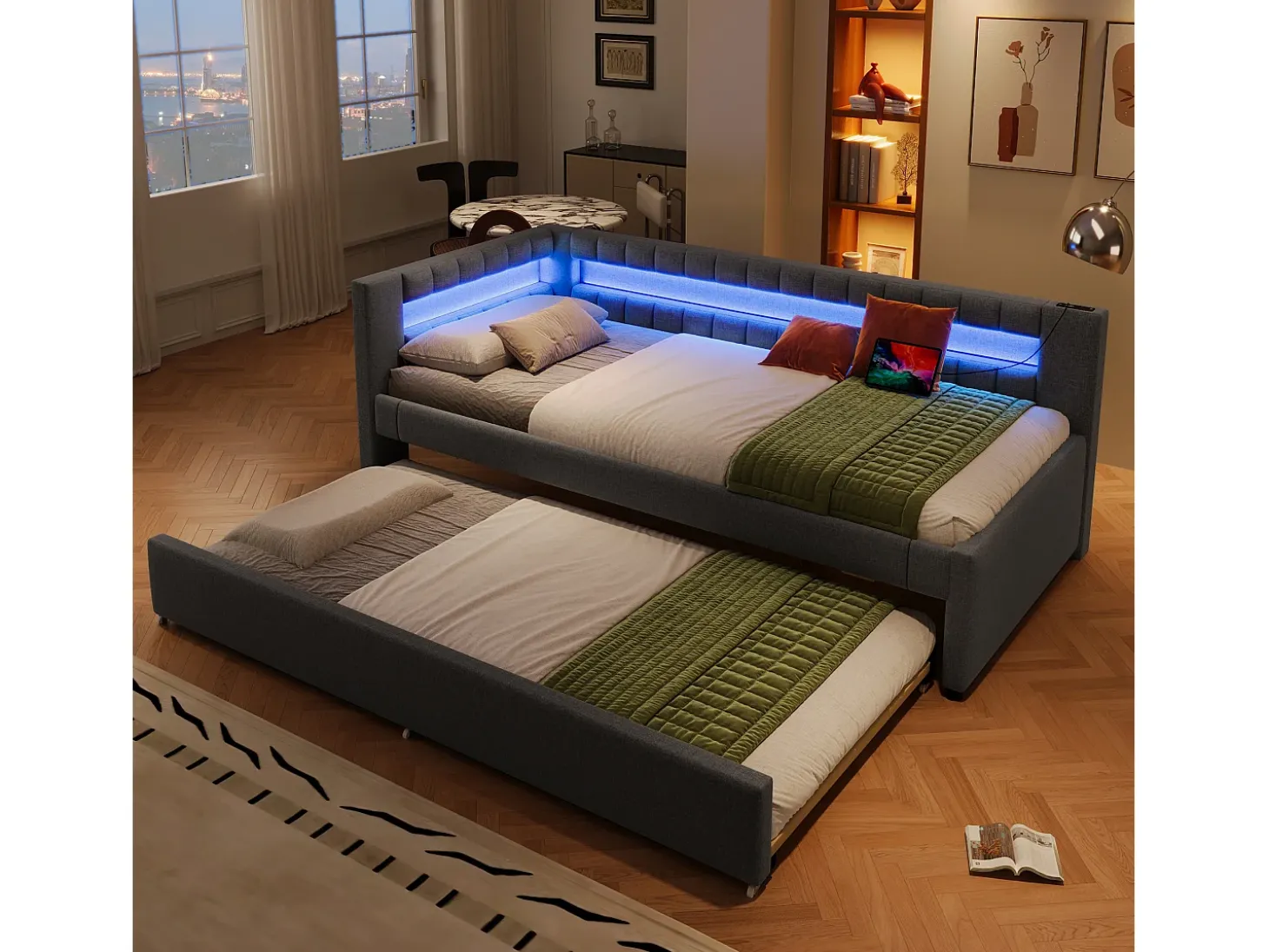 Sofá-cama 90x200 cm - com iluminação LED - com cama articulada - com portas USB + TYPE-C - linho - cinza (colchão não incluído)