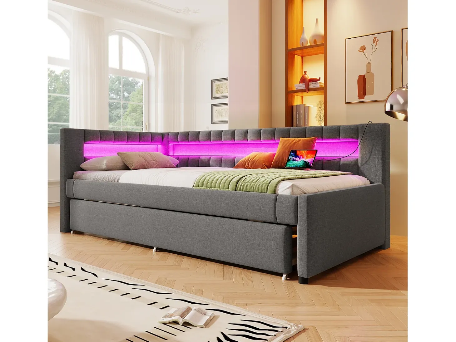 Sofá-cama 90x200 cm - com iluminação LED - com cama articulada - com portas USB + TYPE-C - linho - cinza (colchão não incluído)