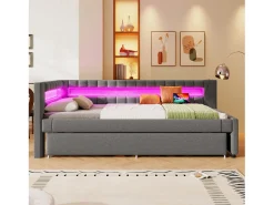 Sofá-cama 90x200 cm - com iluminação LED - com cama articulada - com portas USB + TYPE-C - linho - cinza (colchão não incluído)