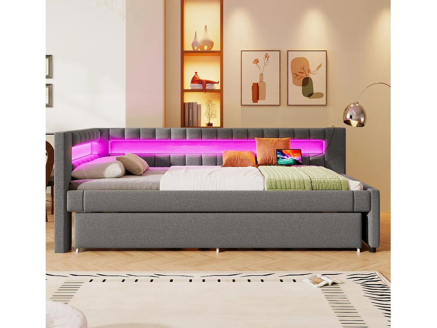 Sofá-cama 90x200 cm - com iluminação LED - com cama articulada - com portas USB + TYPE-C - linho - cinza (colchão não incluído)