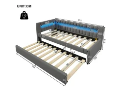Sofá-cama 90x200 cm - com iluminação LED - com cama articulada - com portas USB + TYPE-C - linho - cinza (colchão não incluído)