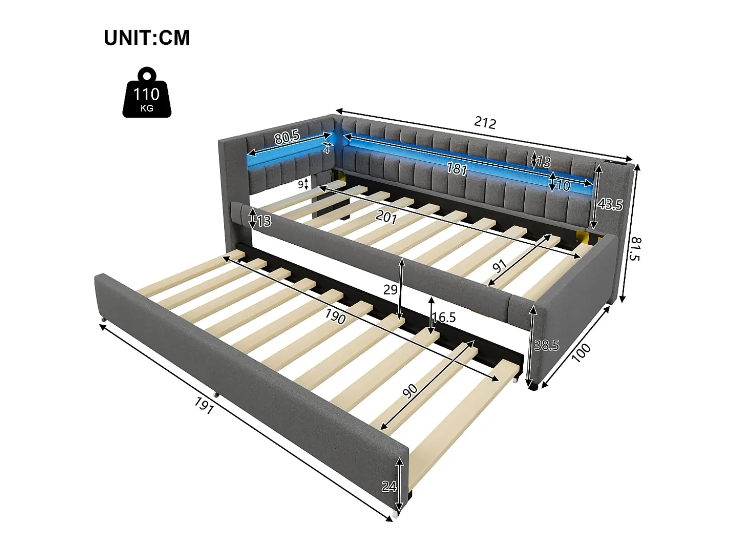 Sofá-cama 90x200 cm - com iluminação LED - com cama articulada - com portas USB + TYPE-C - linho - cinza (colchão não incluído)