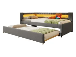 Sofá-cama 90x200 cm - com iluminação LED - com cama articulada - com portas USB + TYPE-C - linho - cinza (colchão não incluído)