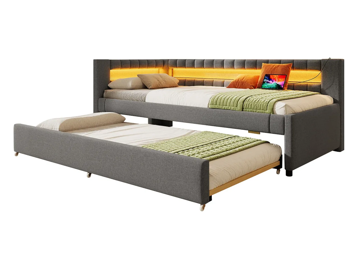 Sofá-cama 90x200 cm - com iluminação LED - com cama articulada - com portas USB + TYPE-C - linho - cinza (colchão não incluído)