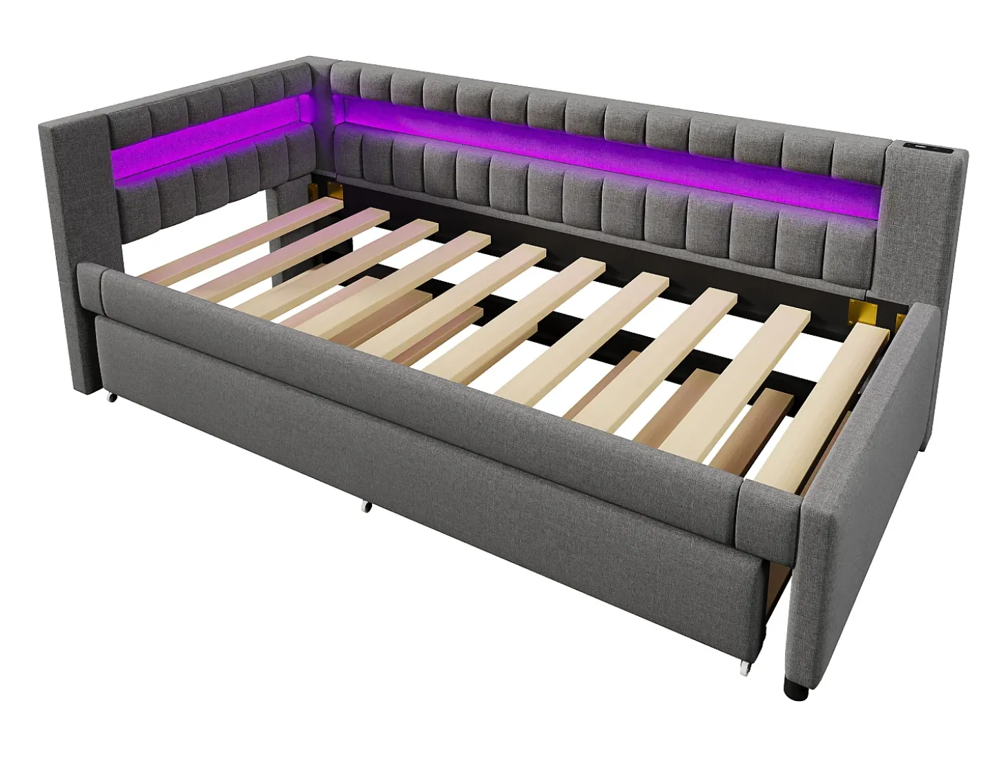 Sofá-cama 90x200 cm - com iluminação LED - com cama articulada - com portas USB + TYPE-C - linho - cinza (colchão não incluído)